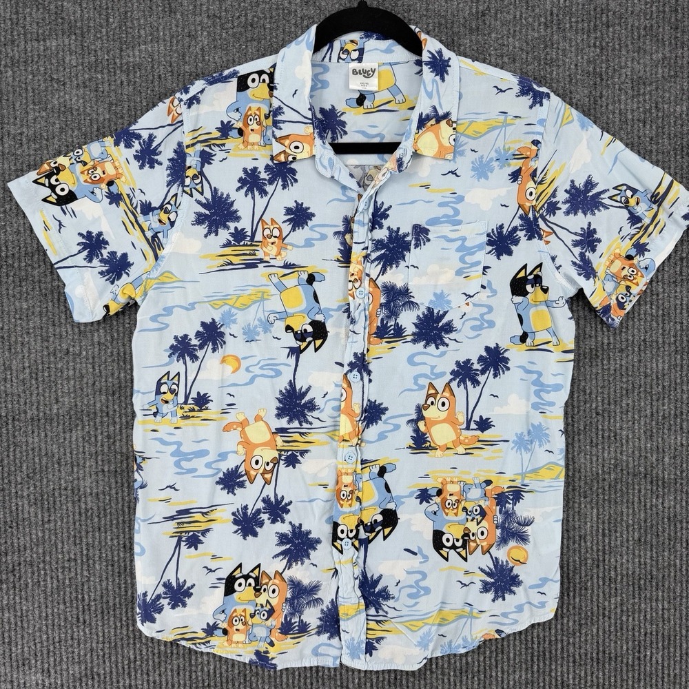 Bluey boys XXL short sleeve button up hawaiian shirt rayon cartoon tiki vacation